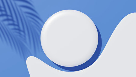 3d render top view of white blank cylinder frame for mock up and display products with shadows of palm leaves, earth tone, and pastel wall background. Creative idea concept. Widow shadow.の写真素材