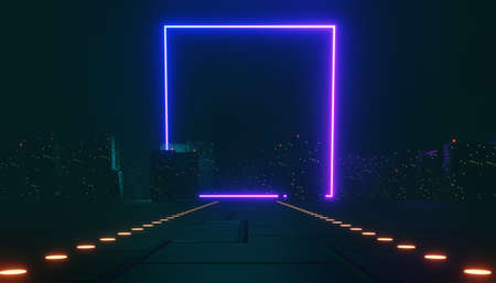 3d render of neon and light glowing on dark scene. Cyber punk night city concept. Night life. Technology network for 5g. Beyond generation and futuristic scene. Sci- fi pattern theme.の写真素材