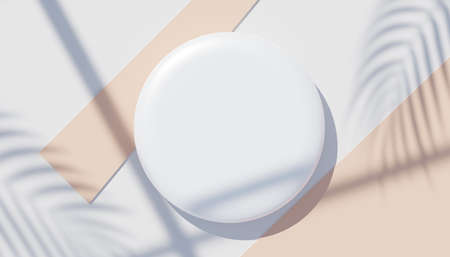 3d render top view of white blank cylinder frame for mock up and display products with shadows of palm leaves, earth tone, and pastel wall background. Creative idea concept. Widow shadow.の写真素材