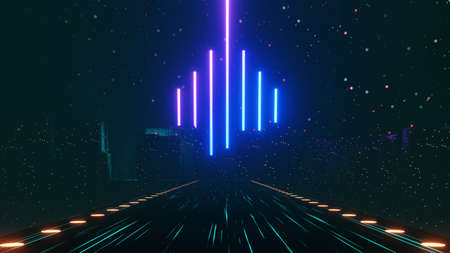 3d render of neon and light glowing on dark scene. Cyber punk night city concept. Night life. Technology network for 5g. Beyond generation and futuristic scene. Sci- fi pattern theme.の写真素材