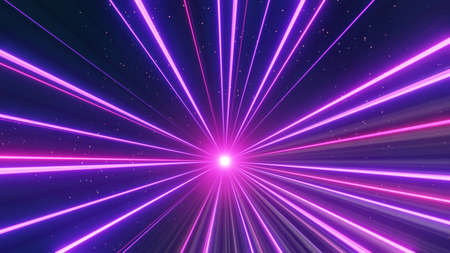 3d render of flash neon and light glowing on dark scene. Speed light tunnel through the city or urban. Technology internet of future network. Sci fiction of hyperspace interstellar travel.の写真素材