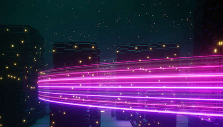 3d render of flash neon and light glowing on dark scene. Speed light tunnel through the city or...