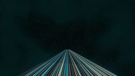 3d render of flash neon and light glowing on dark scene. Speed light tunnel through the city or urban. Technology internet of future network. Sci fiction of hyperspace interstellar travel.の写真素材