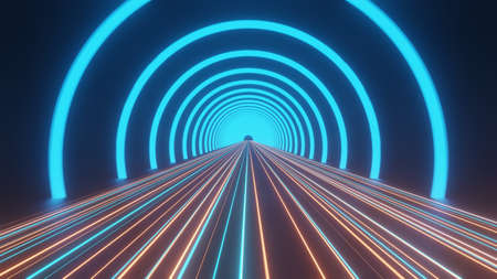 3d render of flash neon and light glowing on dark scene. Speed light tunnel through the city or urban. Technology internet of future network. Sci fiction of hyperspace interstellar travel.の写真素材