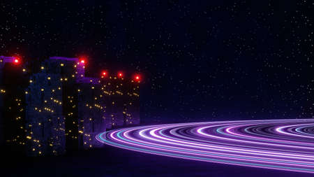 3d render of neon and light glowing on dark scene. Cyber punk night city concept. Night life. Technology network for 5g. Beyond generation and futuristic scene. Sci- fi pattern theme.の写真素材