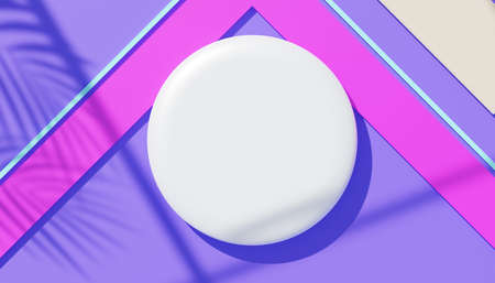 3d render top view of white blank cylinder frame for mock up and display products with shadows of palm leaves, earth tone, and pastel wall background. Creative idea concept. Widow shadow.の写真素材