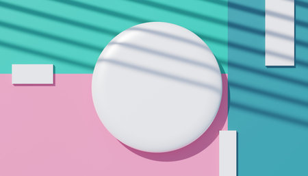3d render top view of white blank cylinder frame for mock up and display products with shadows of palm leaves, earth tone, and pastel wall background. Creative idea concept. Widow shadow.の写真素材