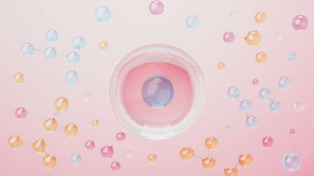 3d render of simple chemical bond in side cell or molecules. The associated of atoms, ions, bond and molecules. Liquid drop bubble background. Covalent bond. Biochemical interaction.の写真素材