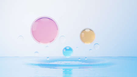 3d render of simple chemical bond in side cell or molecules. The associated of atoms, ions, bond and molecules. Liquid drop bubble background. Covalent bond. Biochemical interaction.の写真素材
