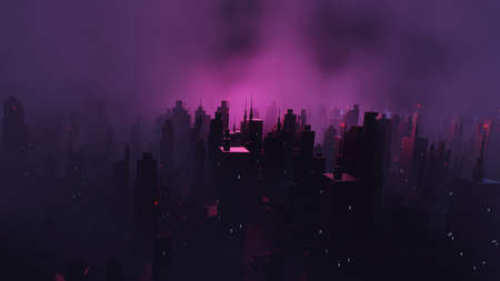 3d render of Cyber punk night city landscape concept. Light glowing on dark scene.  Night life. Technology network for 5g. Beyond generation and futuristic of Sci-Fi Capital city and building scene.の写真素材