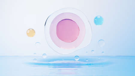 3d render of simple chemical bond in side cell or molecules. The associated of atoms, ions, bond and molecules. Liquid drop bubble background. Covalent bond. Biochemical interaction.の写真素材