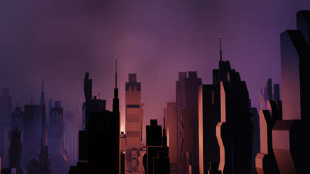 3d render of Cyber punk night city landscape concept. Light glowing on dark scene.  Night life. Technology network for 5g. Beyond generation and futuristic of Sci-Fi Capital city and building scene.の写真素材