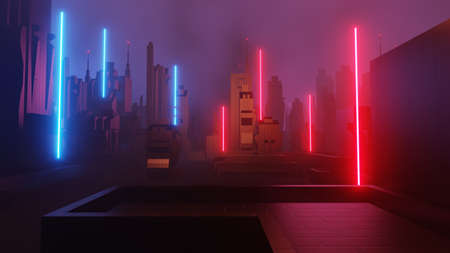 3d render of Cyber punk night city landscape concept. Light glowing on dark scene.  Night life. Technology network for 5g. Beyond generation and futuristic of Sci-Fi Capital city and building scene.の写真素材