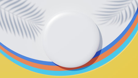 3d render top view of white blank cylinder frame for mock up and display products with shadows of palm leaves, earth tone, and pastel wall background. Creative idea concept. Widow shadow.の写真素材