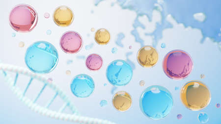 3d render of simple chemical bond in side cell or molecules. The associated of atoms, ions, bond and molecules. Liquid drop bubble background. Covalent bond. Biochemical interaction.の写真素材