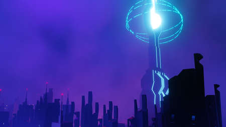 3d render of Cyber punk night city landscape concept. Light glowing on dark scene.  Night life. Technology network for 5g. Beyond generation and futuristic of Sci-Fi Capital city and building scene.の写真素材