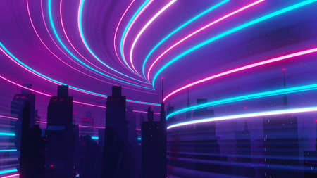 3d render of Cyber punk night city landscape concept. Light glowing on dark scene.  Night life. Technology network for 5g. Beyond generation and futuristic of Sci-Fi Capital city and building scene.の写真素材