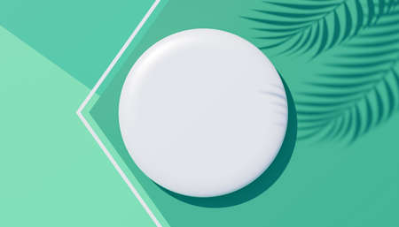 3d render top view of white blank cylinder frame for mock up and display products with shadows of palm leaves, earth tone, and pastel wall background. Creative idea concept. Widow shadow.の写真素材