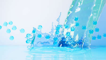 3d render of simple chemical bond in side cell or molecules. The associated of atoms, ions, bond and molecules. Liquid drop bubble background. Covalent bond. Biochemical interaction.の写真素材