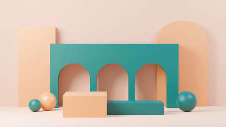 3d render abstract display podium platform for  product presentation and advertising. Minimal scene backdrop with clean design. Vacant pedestal for mock up. Empty stage with pastel color for cosmetic.の写真素材