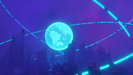 3d render of Cyber punk night city landscape concept. Light glowing on dark scene.  Night life. Technology network for 5g. Beyond generation and futuristic of Sci-Fi Capital city and building scene.の写真素材