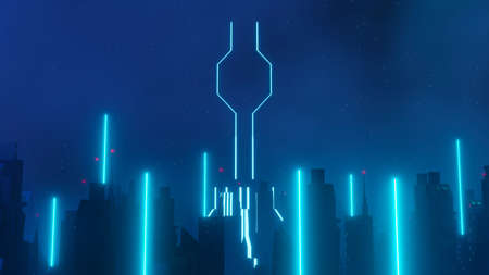 3d render of Cyber punk night city landscape concept. Light glowing on dark scene.  Night life. Technology network for 5g. Beyond generation and futuristic of Sci-Fi Capital city and building scene.の写真素材