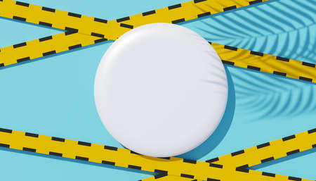 3d render top view of white blank cylinder frame for mock up and display products with shadows of palm leaves, earth tone, and pastel wall background. Creative idea concept. Widow shadow.の写真素材