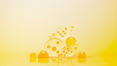 3d render of simple chemical bond in side cell or molecules. The associated of atoms, ions, bond and molecules. Liquid drop bubble background. Covalent bond. Biochemical interaction.の写真素材