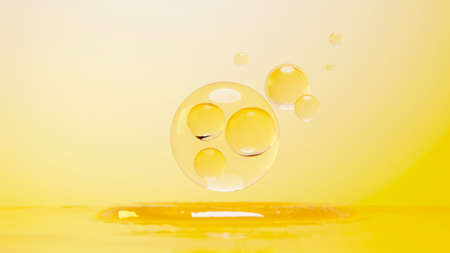 3d render of simple chemical bond in side cell or molecules. The associated of atoms, ions, bond and molecules. Liquid drop bubble background. Covalent bond. Biochemical interaction.の写真素材