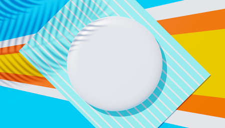 3d render top view of white blank cylinder frame for mock up and display products with shadows of palm leaves, earth tone, and pastel wall background. Creative idea concept. Widow shadow.の写真素材