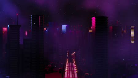 3d render of Cyber punk night city landscape concept. Light glowing on dark scene.  Night life. Technology network for 5g. Beyond generation and futuristic of Sci-Fi Capital city and building scene.の写真素材