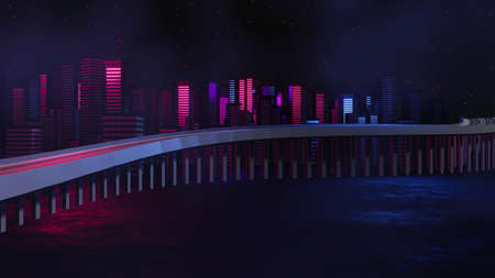 3d render of Cyber punk night city landscape concept. Light glowing on dark scene.  Night life. Technology network for 5g. Beyond generation and futuristic of Sci-Fi Capital city and building scene.の写真素材