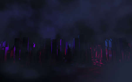 3d render of Cyber punk night city landscape concept. Light glowing on dark scene.  Night life. Technology network for 5g. Beyond generation and futuristic of Sci-Fi Capital city and building scene.の写真素材