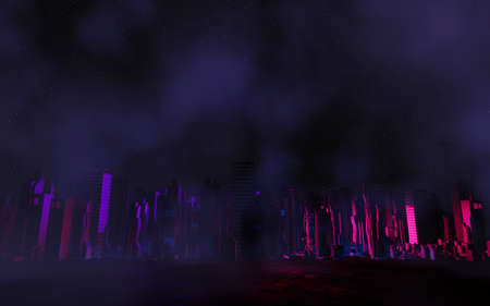 3d render of Cyber punk night city landscape concept. Light glowing on dark scene.  Night life. Technology network for 5g. Beyond generation and futuristic of Sci-Fi Capital city and building scene.の写真素材