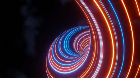 3d render of flash neon and light glowing on dark scene. Speed light tunnel through the city or urban. Technology internet of future network. Sci fiction of hyperspace interstellar travel.の写真素材