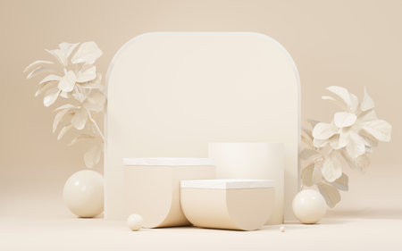 3d Mock up Brown cream podium with minimal clean design. Pedestal stage for product and cosmetic presentation. Abstract colorful scene for advertising. Sale promotion background.の写真素材