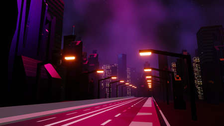 3d render of Cyber punk night city landscape concept. Light glowing on dark scene.  Night life. Technology network for 5g. Beyond generation and futuristic of Sci-Fi Capital city and building scene.の写真素材