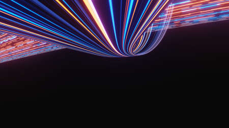 3d render of flash neon and light glowing on dark scene. Speed light tunnel through the city or...