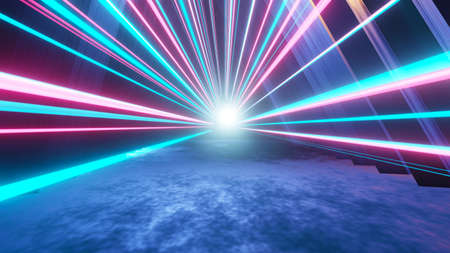 3d render of flash neon and light glowing on dark scene. Speed light tunnel through the city or urban. Technology internet of future network. Sci fiction of hyperspace interstellar travel.の写真素材