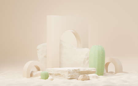 3d Mock up Brown cream podium with Cactus and Sands desert mini theme. Pedestal stage for product and cosmetic presentation. Abstract colorful scene for advertising. Sale promotion background.の写真素材