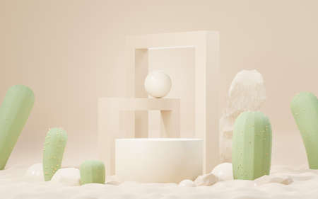 3d Mock up Brown cream podium with Cactus and Sands desert mini theme. Pedestal stage for product and cosmetic presentation. Abstract colorful scene for advertising. Sale promotion background.の写真素材