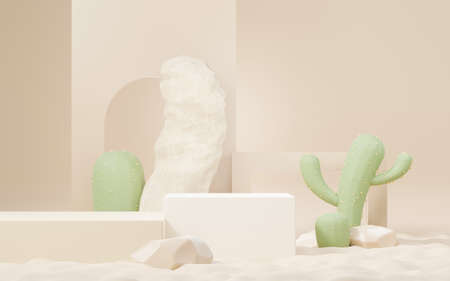 3d Mock up Brown cream podium with Cactus and Sands desert mini theme. Pedestal stage for product and cosmetic presentation. Abstract colorful scene for advertising. Sale promotion background.の写真素材