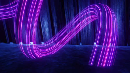 3d render of flash neon and light glowing on dark scene. Speed light tunnel through the city or urban. Technology internet of future network. Sci fiction of hyperspace interstellar travel.の写真素材