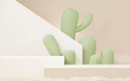 3d Mock up Brown cream podium with Cactus and Sands desert mini theme. Pedestal stage for product and cosmetic presentation. Abstract colorful scene for advertising. Sale promotion background.の写真素材