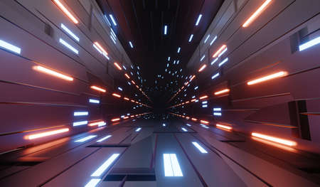 3d render of flash neon and light glowing on dark scene. Speed light tunnel through the city or urban. Technology internet of future network. Sci fiction of hyperspace interstellar travel.の写真素材