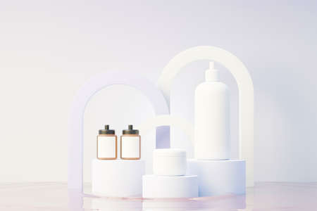 3d render of blank cosmetics skincare product or packaging for mock up. Beauty soap and spa concept. Lotion oil moisture for skin health. Premium and luxury design for branding.の写真素材