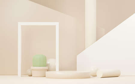 3d Mock up Brown cream podium with Cactus and Sands desert mini theme. Pedestal stage for product and cosmetic presentation. Abstract colorful scene for advertising. Sale promotion background.の写真素材