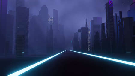 3d render of Cyber punk night city landscape concept. Light glowing on dark scene.  Night life. Technology network for 5g. Beyond generation and futuristic of Sci-Fi Capital city and building scene.の写真素材