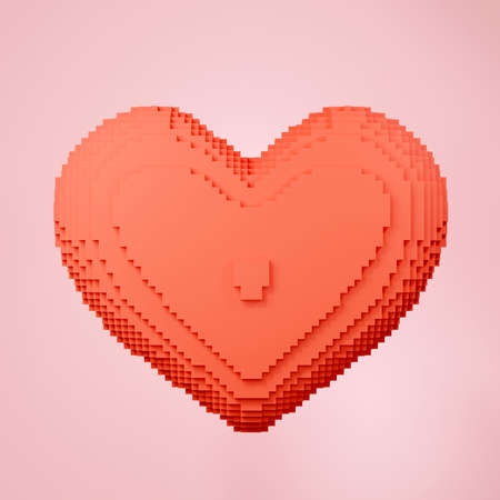 3d rendering of pixel heart icon on clean background for mock up and web banner. Cartoon interface...