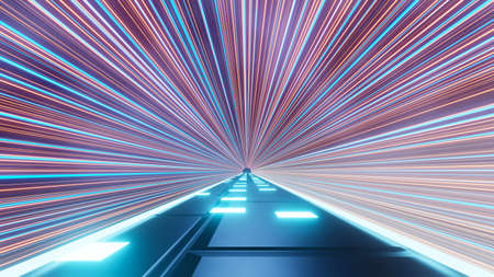 3d render of flash neon and light glowing on dark scene. Speed light tunnel through the city or urban. Technology internet of future network. Sci fiction of hyperspace interstellar travel.の写真素材